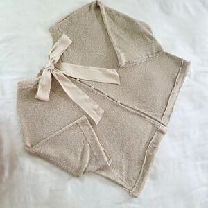 Kye Mi Oversized Opwn Button Back Bow French Terry 1/2 Sleeve Sweater Tan Small